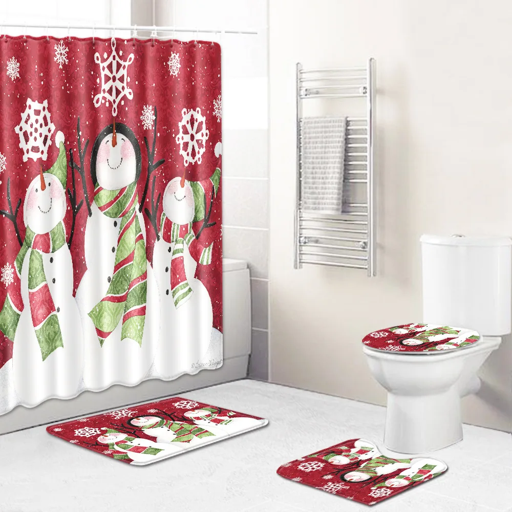 

180x180cm Christmas Waterproof Shower Curtain Bathroom Accessories Four-piece Suit Bath Curtains Closestool Mat Home Decorations