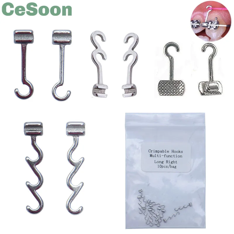 

10Pcs/Pack Dental Sliding Crimpable Hooks Long Curved Spiral Cross Multi-Function Left/Right Orthodontic Fixed Teeth Arch Wires