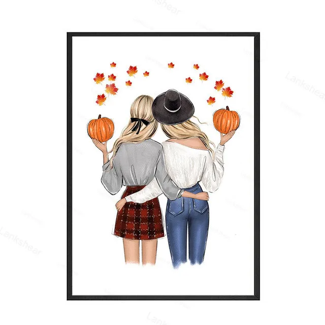 

Scandinavian Best Friend Poster Nordic Art Canvas Print Girl with Pampkin Painting Wall Picture Home Decoration Unframe