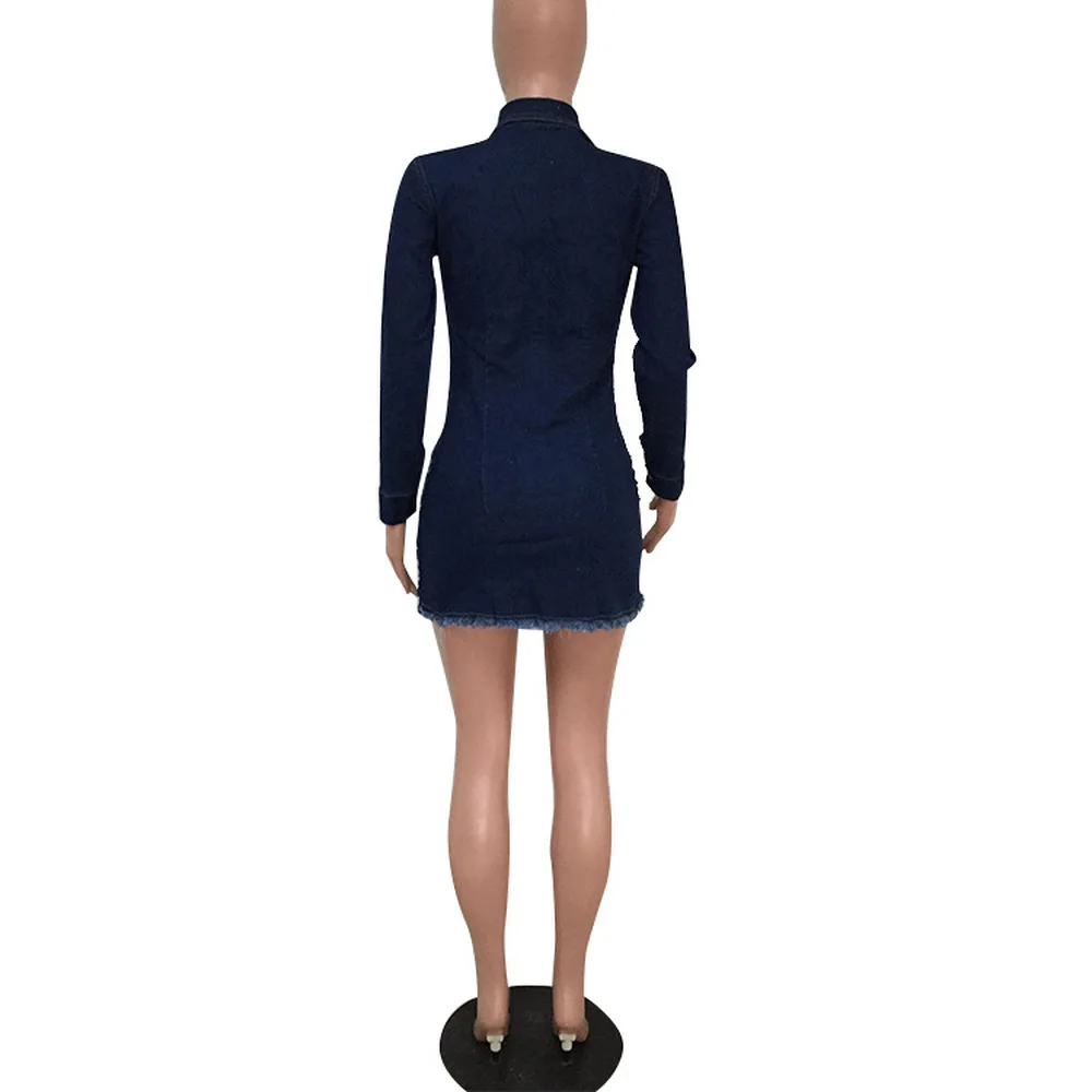 

Dark Blue Black Hollow Out Casual Denim Dresses Women Turn Down Collar Long Sleeve Vestidos Streetwear Buttons Up Bodycon Dress