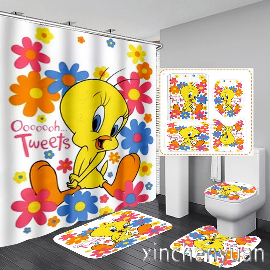 

Tweety Bird 3D Printing Waterproof Bathroom Shower Curtain Toilet Cover Mat Non-Slip Floor Mat Rug (1/3/4Pcs) W11