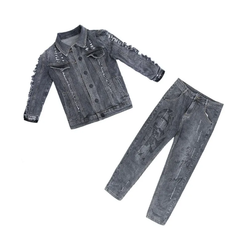 

Spring New Brand Korean Hole Ripped Womens Casual 2Pcs Denim Outfits Three Quarter Sleeve Sequins Short Coats Loose Harem Pants