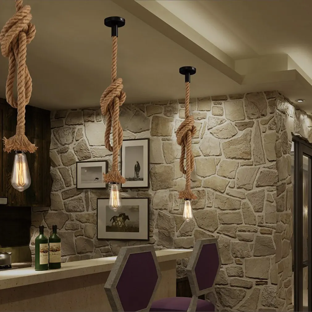 

Retro Hemp Rope Pendant Lights Vintage Rattan Ceiling Lamps Edison Led Hanglamp Home Kitchen Living Room Decoration Accesories