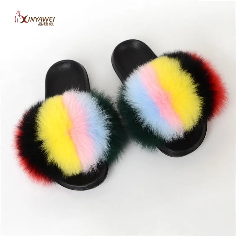 Женские шлепанцы из 100% натурального Лисьего меха радужная обувь симпатичные
