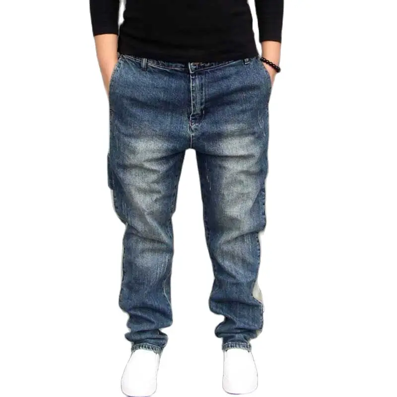 Корейские модные эластичные джинсы шаровары с полосками сбоку мужские