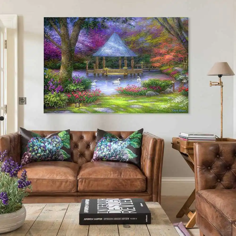 

Artistic Flower Gazebo Painting Park Pond Spring Swan Tree Poster Decorative Painting Canvas Wall Art Living Room Posters