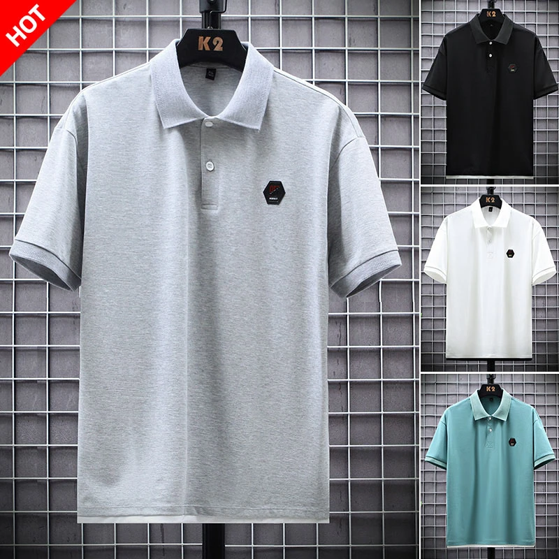 Однотонная белая футболка поло мужская серая с отложным воротником летняя