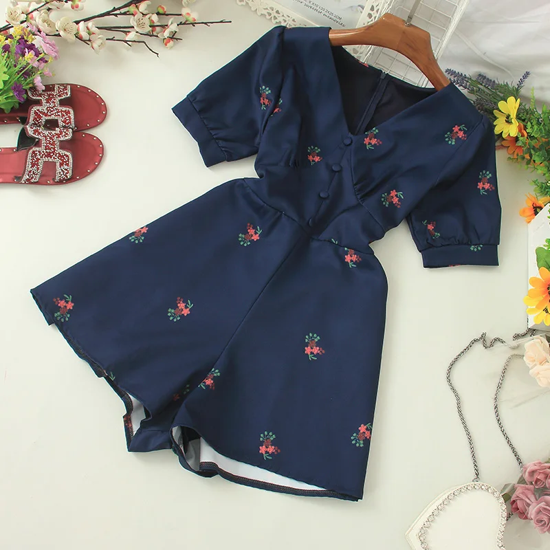 Joinoyuth V-neck Button Floral Printed Playsuits Short Sleeve Women Rompers 2020 Summer High Waist Slim Wide Leg Bodysuits 57856 | Женская