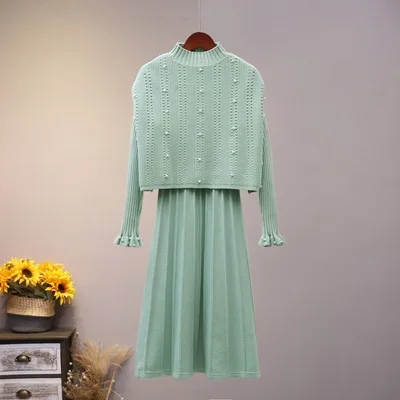 

Winter Design Suit Dresses Warm Bodycon Robe Vestidos autumn Beaded vest long sleeve knitted sweater dress women two sets