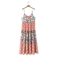 summer women flower print tiered splicing suspender midi dress female sleeveless clothes casual lady loose vestido d7516