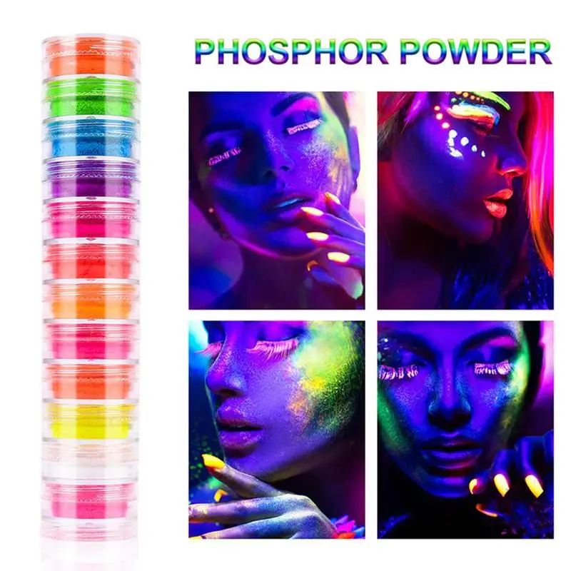 

12 Colors Nail Art Neon Phosphor Powder Set Nail Glitter Powder In The Dark Luminous Pigment Fluorescent Powder Nail Glitters