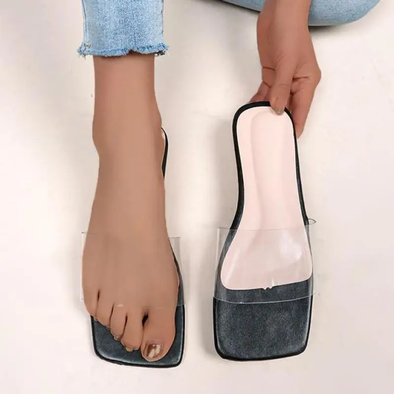 

Мюли с квадратным носком, прозрачные сандалии из ПВХ, без застежки, летние домашние туфли на плоской подошве