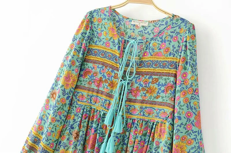 Boho королев для женщин зеленый цветочный принт длинное пляжное богемное женское