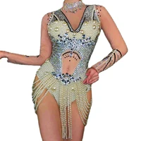 pearl rhinestones sequins bodysuits mesh gauze perspective bodysuit embellished beaded costume nightclub dance show wear