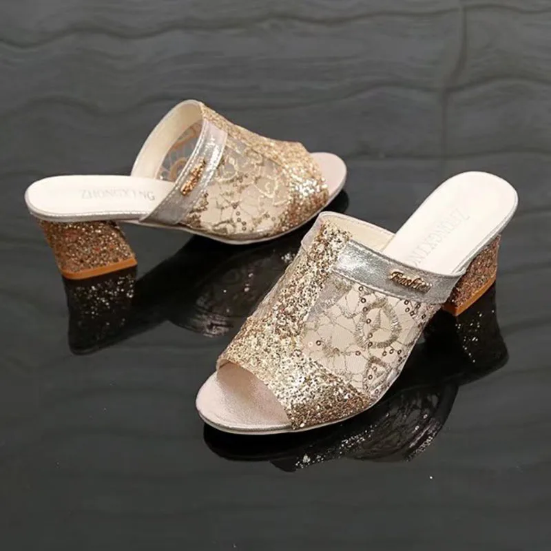 

Spring 2020 New Korean Fish Mouth Thick Heel Student Slippers Women's Mesh Sequins Antiskid High Heel Women's Slippers