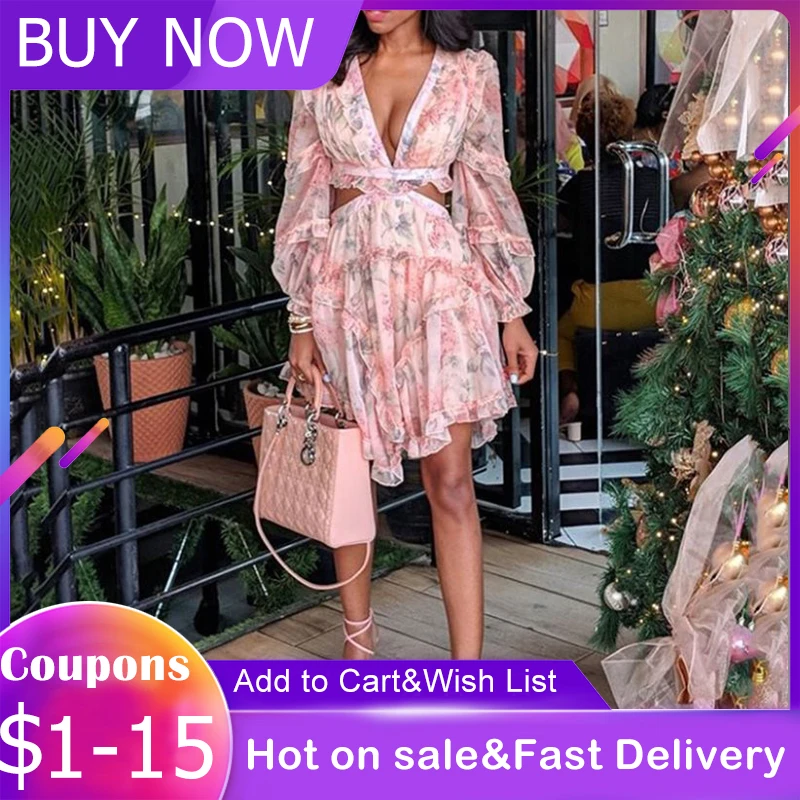 Женское ажурное платье с цветочным принтом розовое короткое длинным рукавом