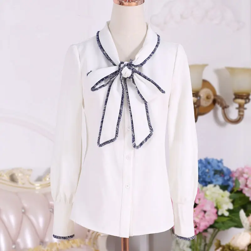 White Suede Lace-Up Bow-Knot Women Shirt 2022 Spring Slim Long-Sleeved Fringed Bottoming Blouse