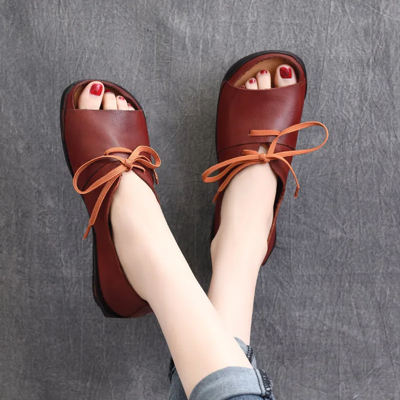 

Women Leather Sandals Fish Mouth Flat Heels Summer Shoes For Women Retro Soft Casual Genuine Leather Women Sandals Brand 2021