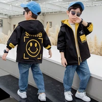 new boys smiling face double sided coat spring autumn clothes middle and large childrens hooded trench coat