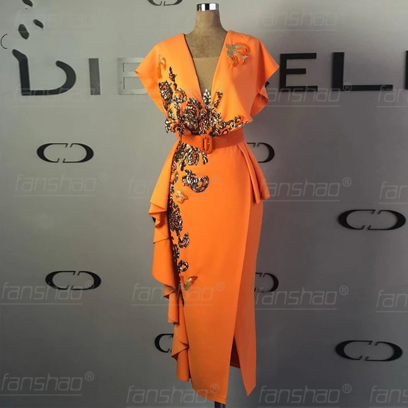 Женское вечернее платье с блестками Fanshao оранжевое золотистой аппликацией и V