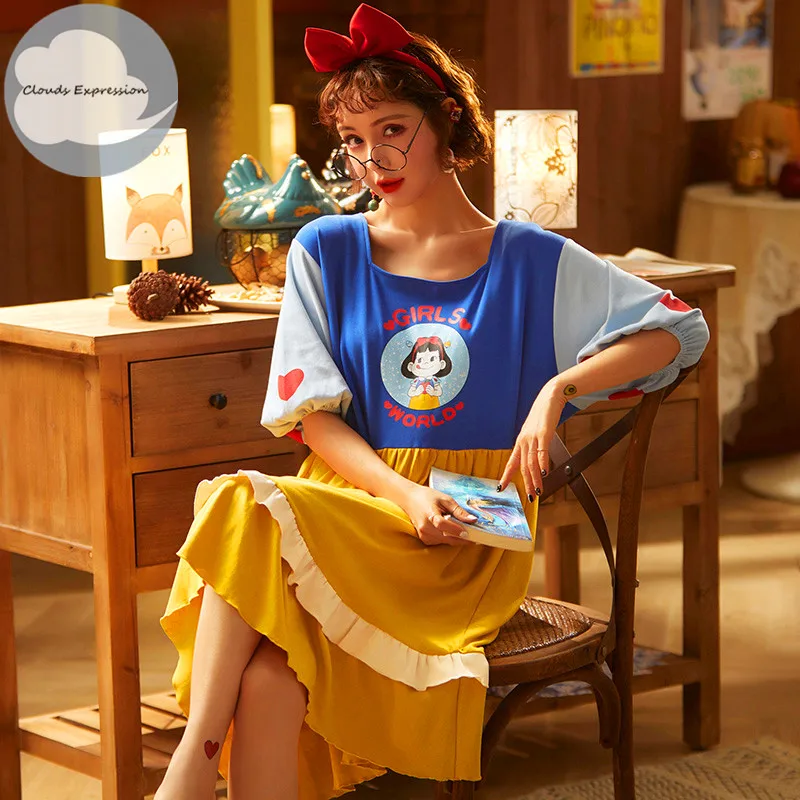 Летняя 100% Хлопковая женская короткая одежда для сна с круглым вырезом и героями