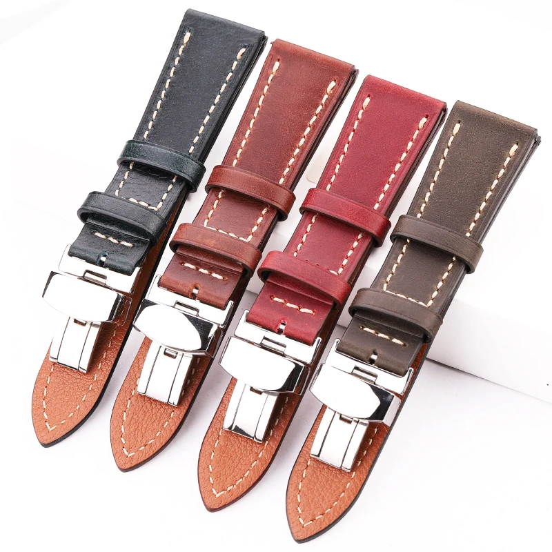 Genuine Leather Watchband 18 20 22 24mm Women Men Vintage Cowhide Watch Band Strap Belt Accessories Steelt Deployment Clasp