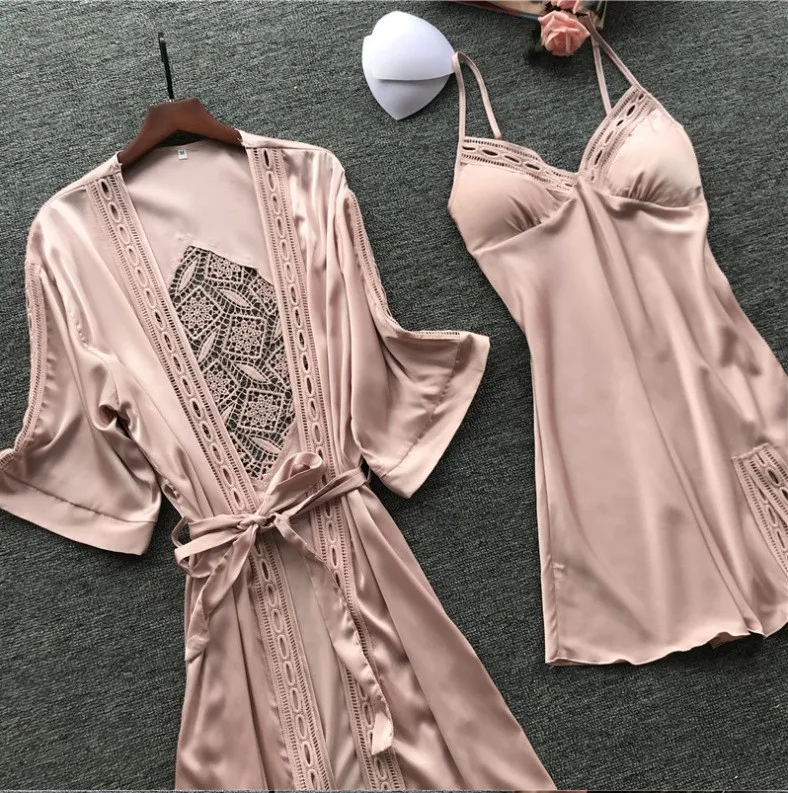 

Women Satin Lace Pink Intimate Sleepwear Set 2PCS Nightgown Sexy Lady New Robe Set Brides Bridesmaid Wedding Robe Gown M-XL