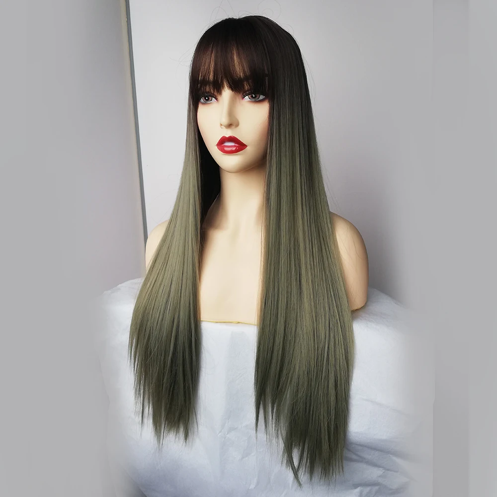 Длинные прямые синтетические парики с челкой Омбре коричневые зеленые