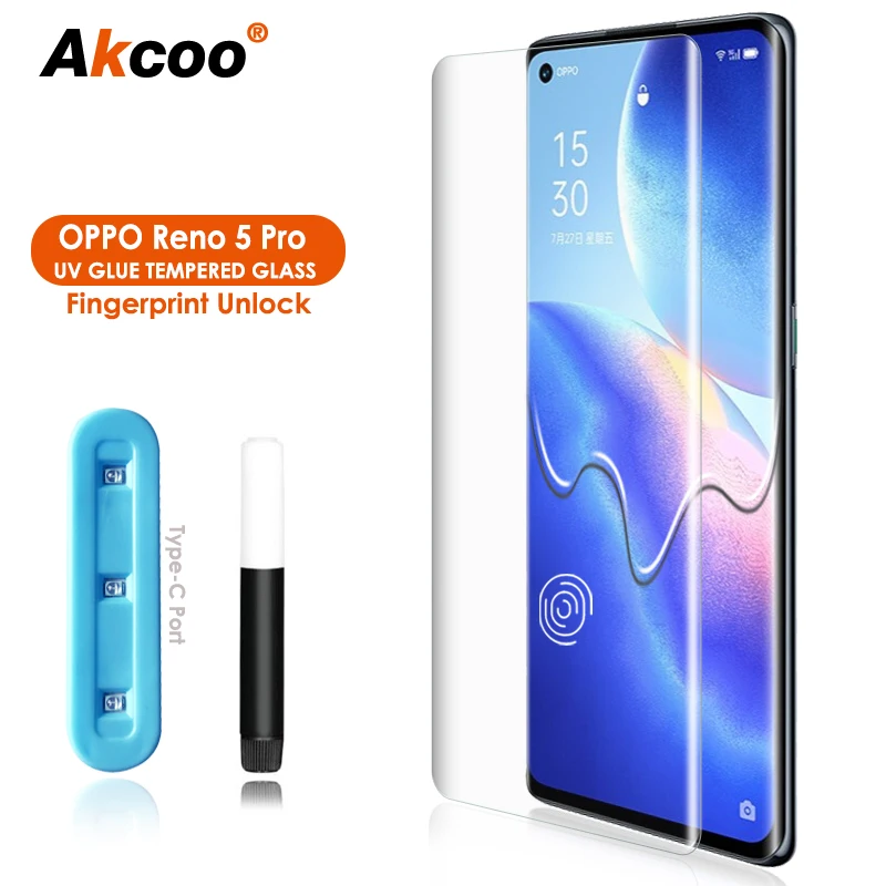 

Akcoo For OPPO Reno 5 Pro Screen Protector UV Full Screen Glue Tempered Glass film for OPPO Reno 3 4 Pro 5G glass shield