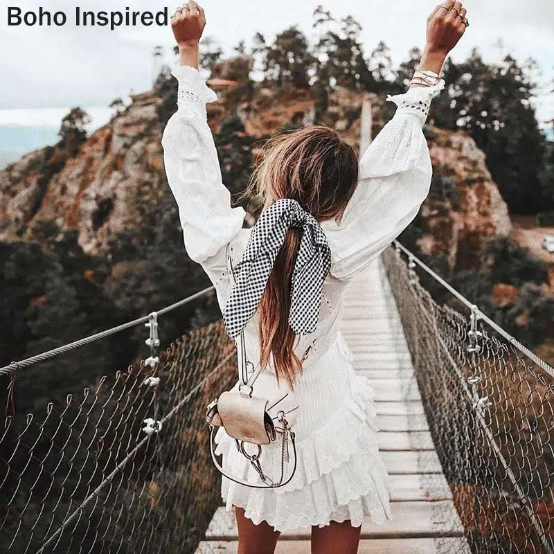 BOHO INSPIRED Lorelei tiered white party dress embroidery ruffle dress women O-neck lantern sleeve mini cotton boho dress