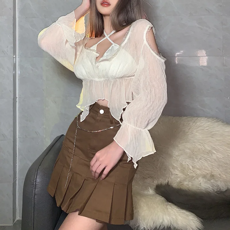 

Solid Color Basic Hollow Out Crop Top Womens Tshirt Long Sleeve Loose Oversize Thin Section T-Shirt Femme White Casual Sexy Tees