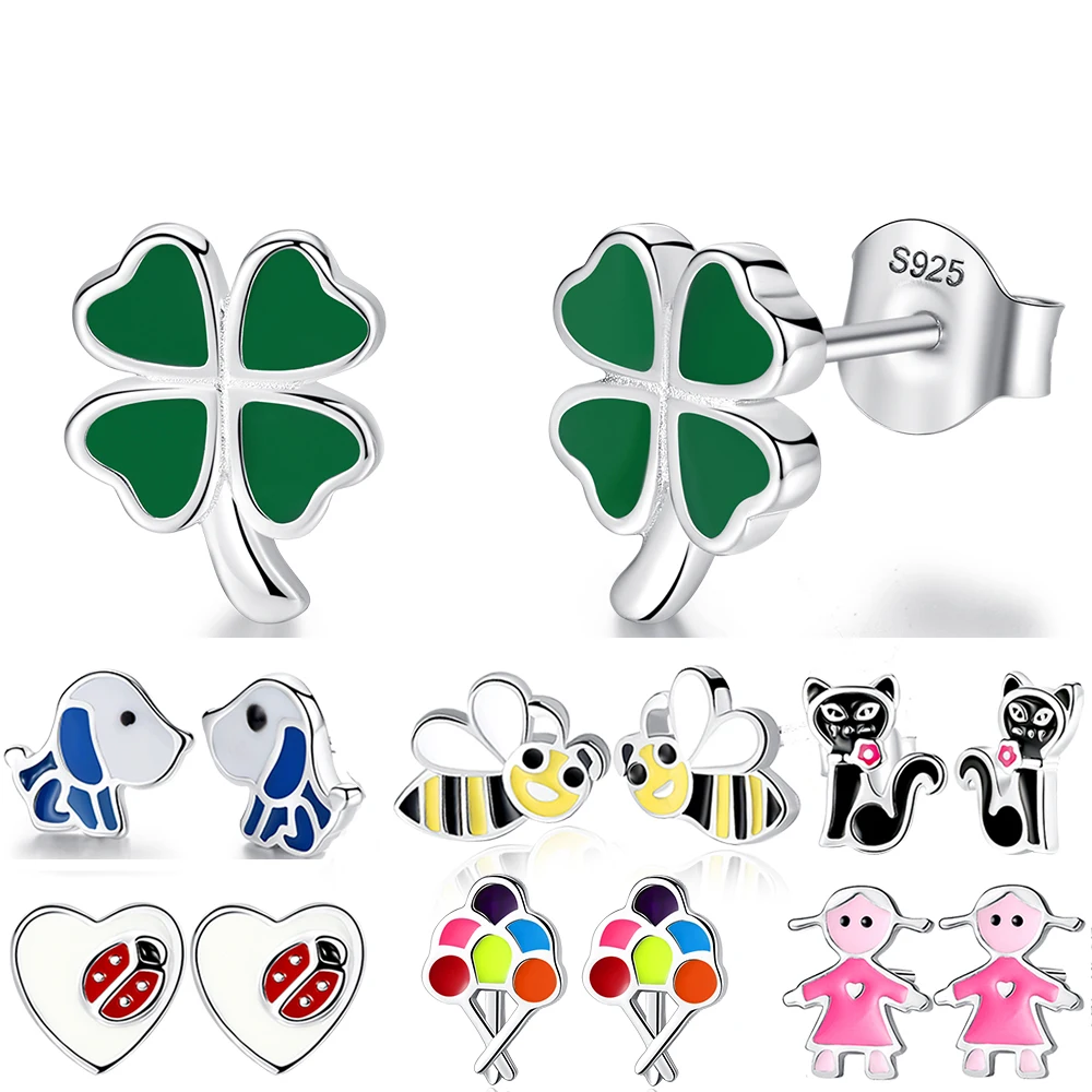 Серьги с эмалью в виде божьей коровки и кота из серебра 100% пробы | Украшения