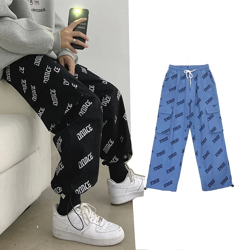 

Men Harajuku Black Letter Cargo Harem Pants 2021 Joggers Mens Pocket Streetwear Sweatpants Hip Hop Male Korean Trousers