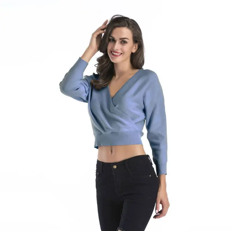 

Women Batwing Sleeves Knit Loose Sweater Sexy V-Neck Wrap Front Jumper Crop Top BX0B