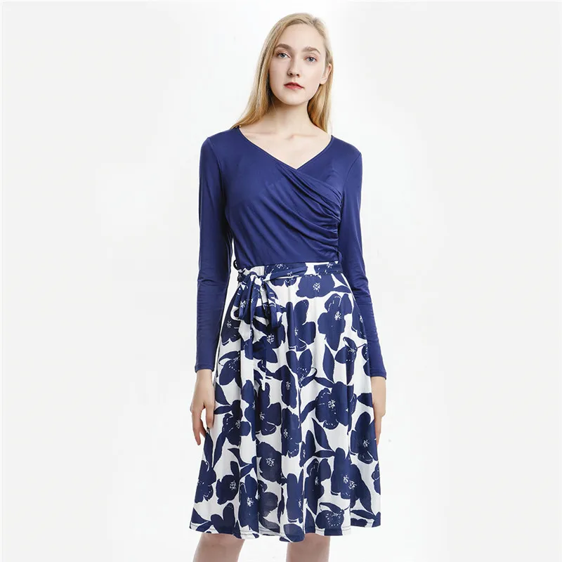 

Fashion Floral Print Autumn Dress With Sashes 2020 V-Neck Pleated Women Dress Long Sleeve Elegant Vintage Dresses