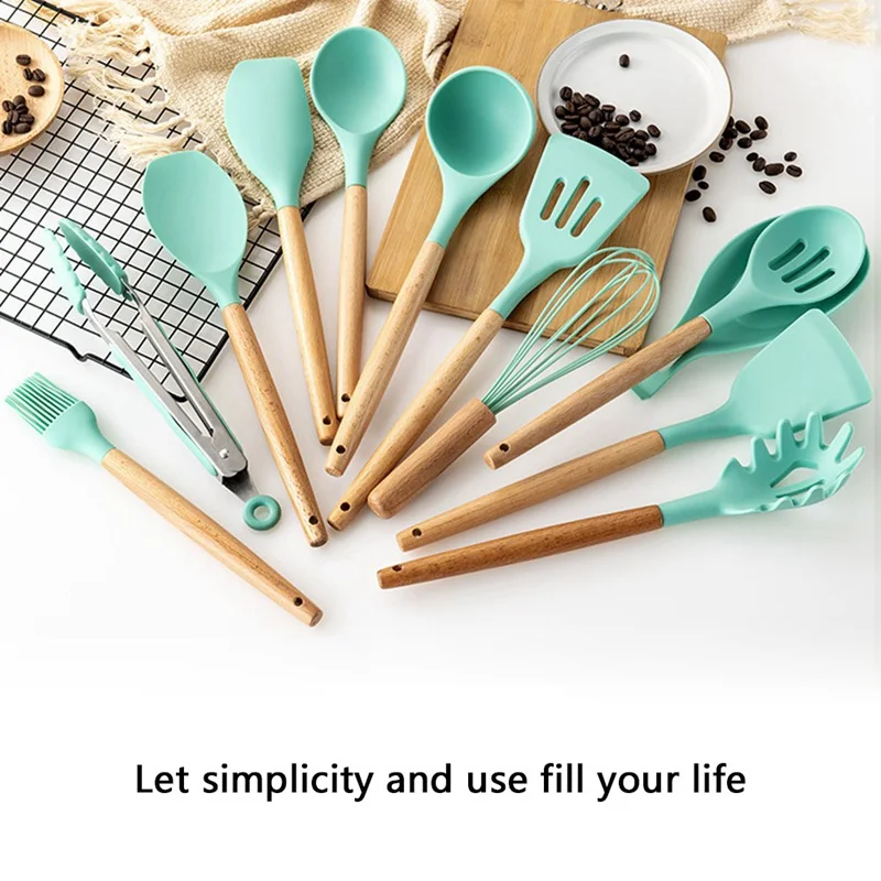 

9/11/12PCS Silicone Cooking Utensils Set Non-stick Spatula Shovel Wooden Handle Cooking Tools Set With Storage Box Kitchen Tools