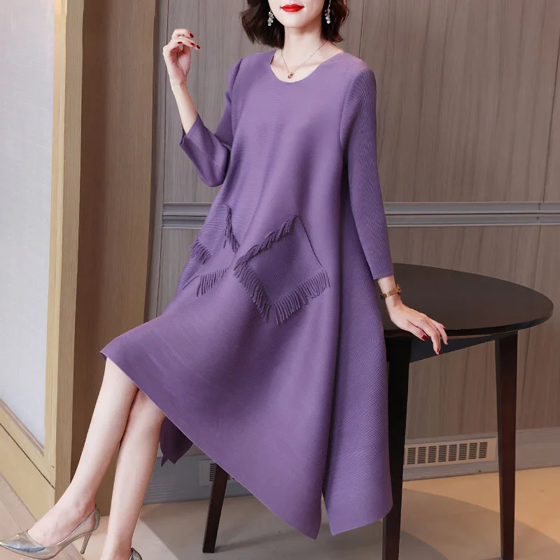 2021 new loose fat mm plus size women's dress Miyak fold Fashion pleated French solid color long-sleeved dress