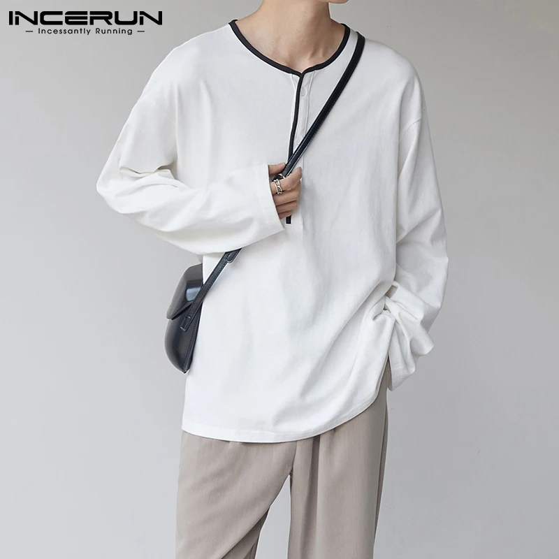 

INCERUN Tops 2021 Men Fashion Korean Style Casual Streetwear Blouse Loose Buttons Side Strip Stitching Long-sleeved Shirt S-5XL
