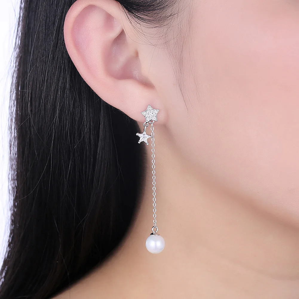 

ZEMIOR Sterling Silver 925 Jewelry Imitation Pearl Drop Earrings For Women Asymmetry Moon And Star Earring Engagement Gift