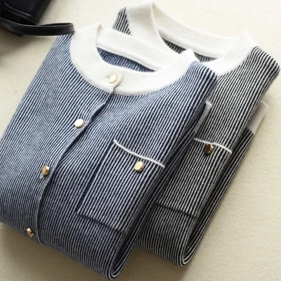 

Thick Warm Korea Striped cashmere cardigan 2020 autumn winter sweater women knitted Mandarin Collar Pull Femme jacket coat