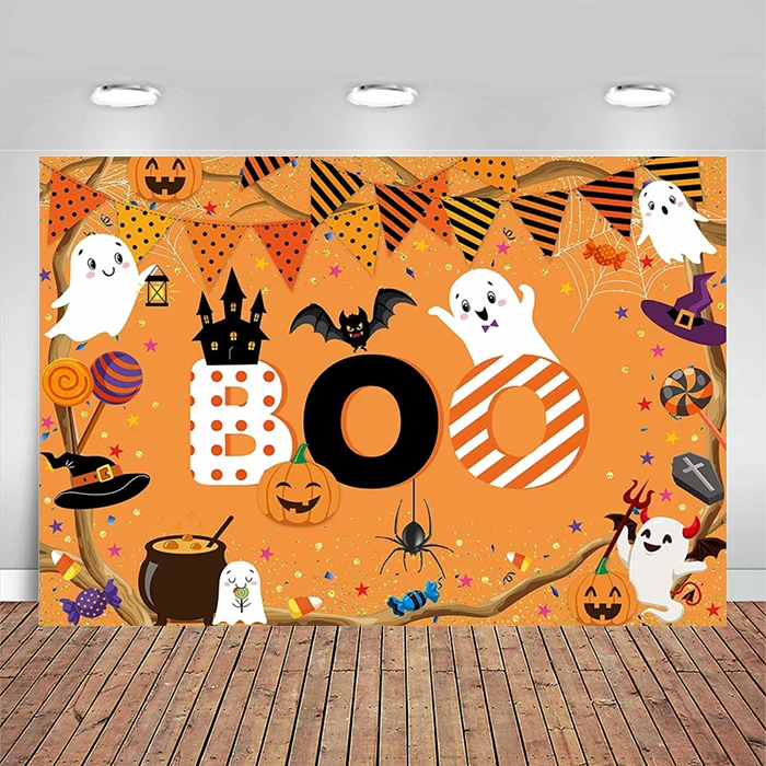 Enlarge Pastel Halloween Boo Theme Party Backdrop Orange Spooky Ghost Pumpkin Witch Bat Hallowmas Kids Children Background