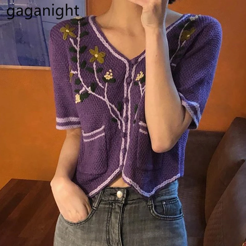 Женский однобортный Топ с цветочной вышивкой Gaganight Повседневная тонкая верхняя