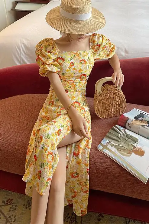 

COIGARSAM Women Dress Summer Cute Beach French Style Print Chiffon Puff Sleeve Pleated Square Collar Dresses Robe