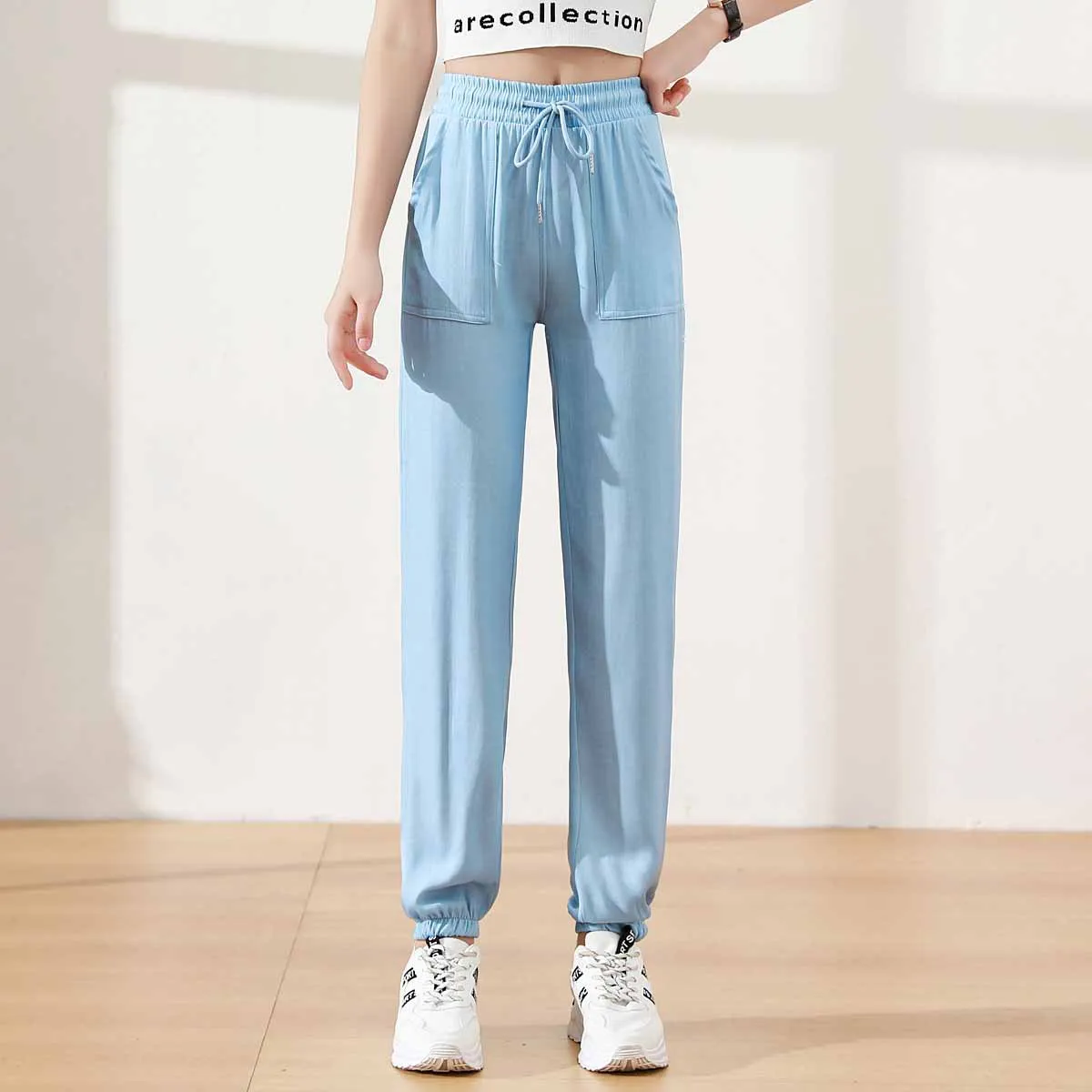 

Plus Size Summer Women Jeans Loose To The Ankle Denim Pants Elastic High Waist Drawstring Breathable Stretch Thin Jean Trousers