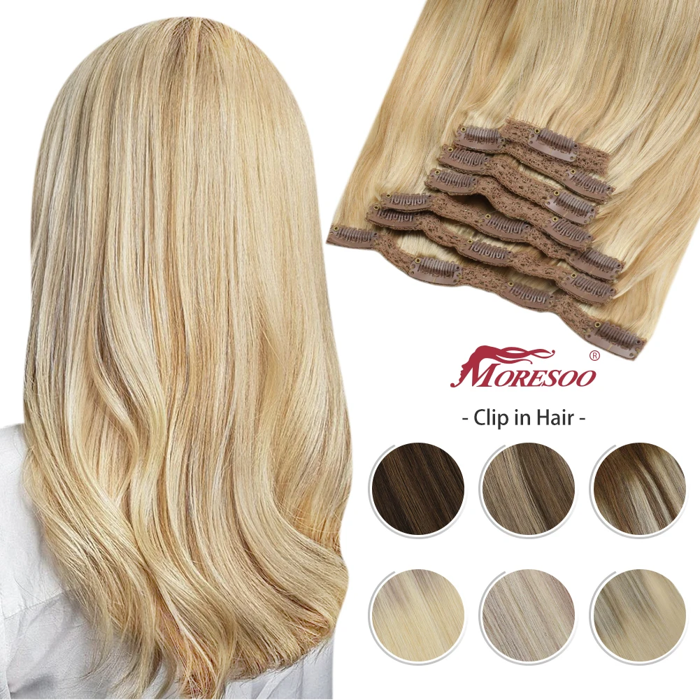 Moresoo Clip in Hair Extensions Human Hair Balayage Highlight Machine Remy Hair Natural Straight Seamless 100% Real Brazilian