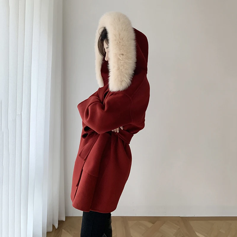 

Fit Red Loose Big Size Pockets Woolen Coat Parkas New Fur Hooded Long Sleeve Women Fashion Tide Autumn Winter 2021 1DD4070