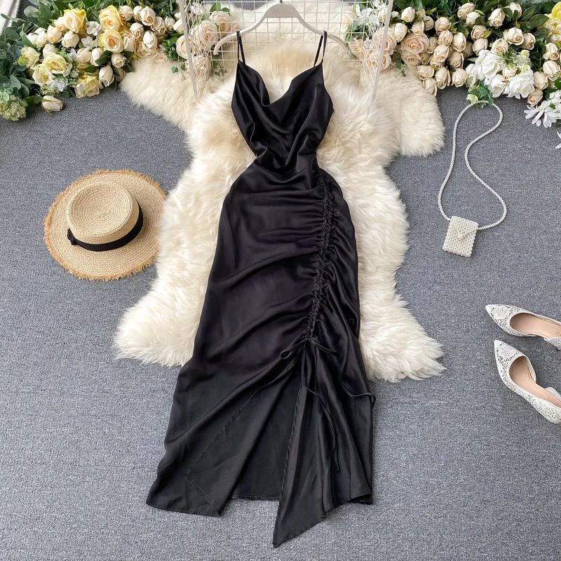 

Slip Party Dress 2021 Summer Pleated V Neck Backless Waist Drawstring Asymmetric High End Sexy Spaghetti Strap Satin Clubwear