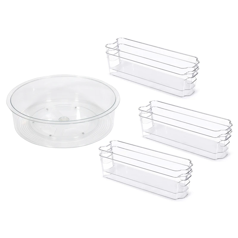 

1Pcs 360 Degree Kitchen Rotating Desktop Storage Tray & 6 Pcs Plastic Fridge Organizer Bins with Handle