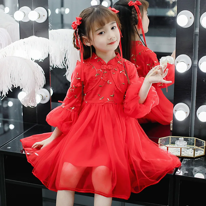 

Платье принцессы для девочек на осень и зиму, пышное красное платье-Ципао с пышными рукавами для больших детей, для выступлений
