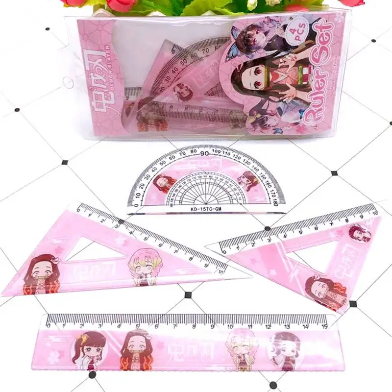4Pcs/Set Anime Demon Slayer Kimetsu No Yaiba Kamado Tanjirou Nezuko Ruler Drawing Measurement Geometry Triangle Set gifts - купить по